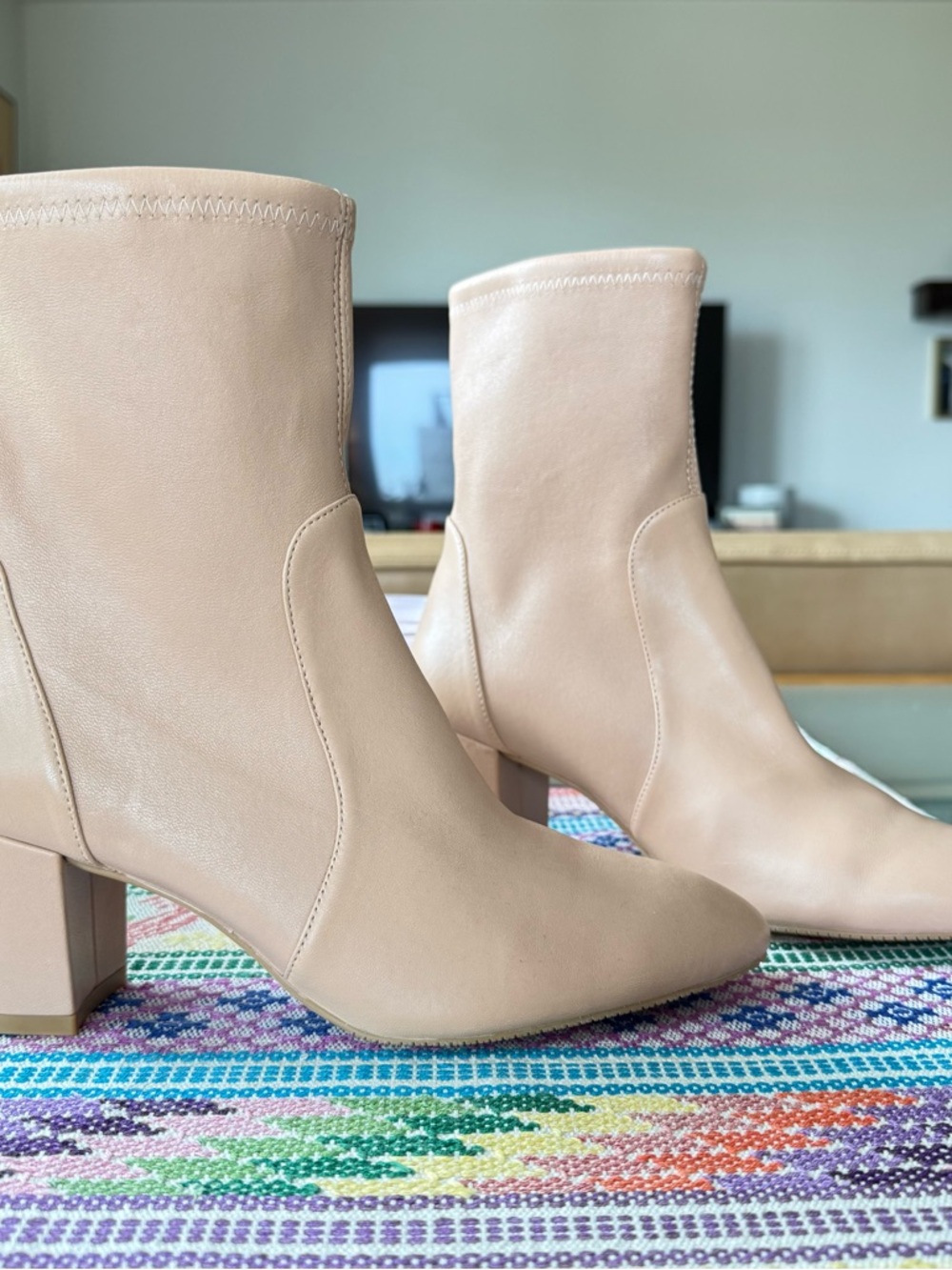 Stuart Weitzman Nude Leather Mid-Heel Ankle Boots